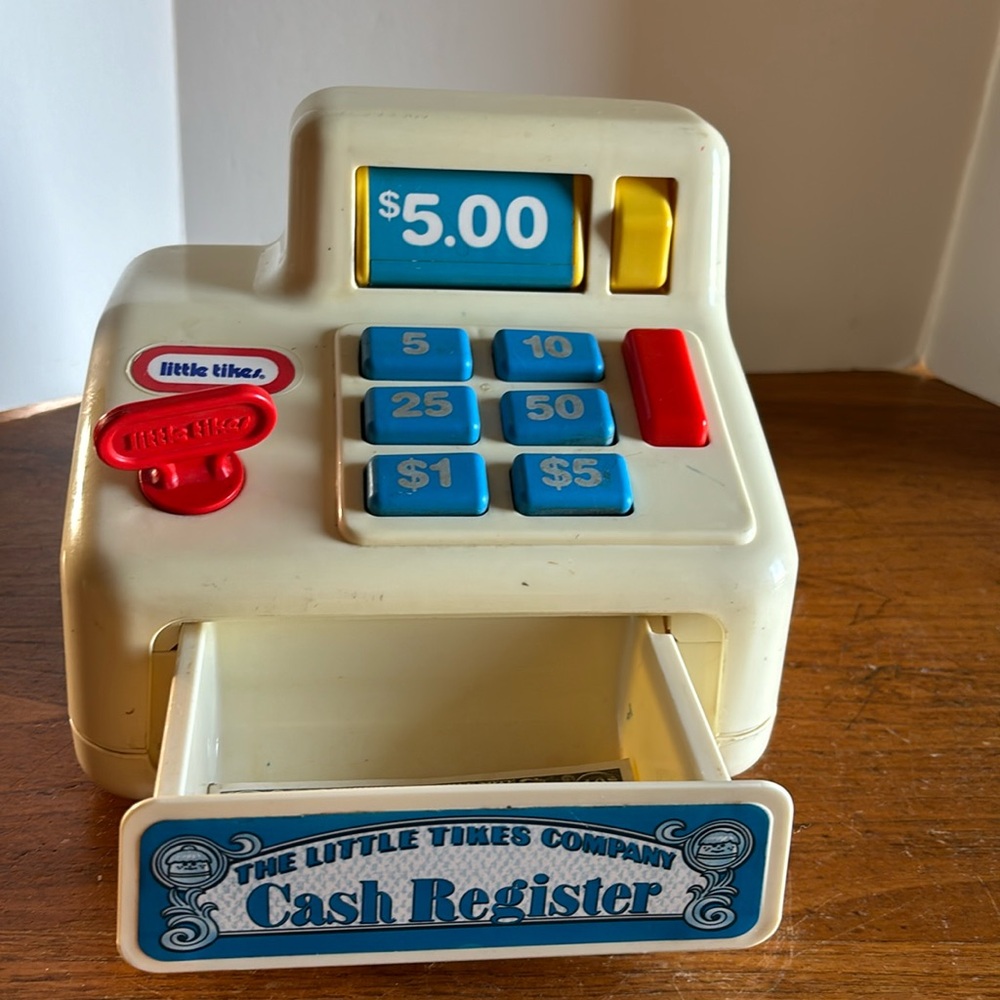 Vintage Little Times USA plastic cash register with $5 and $10 play money bills